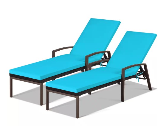 Costway 2-Piece Rattan Chaise Recliner with Turquoise Cushions