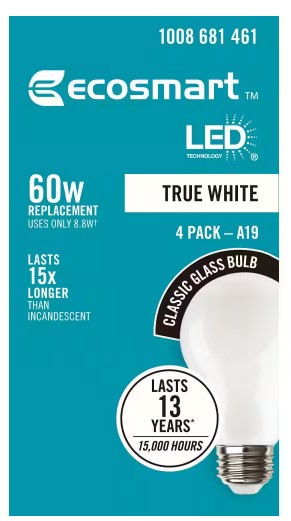 EcoSmart 60-Watt Equivalent A19 Dimmable LED Bulb (4-Pack, True White)