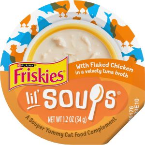 Friskies Lil Soups with Flaked Chicken in a Velvety Tuna Broth Lickable Cat Food Topper