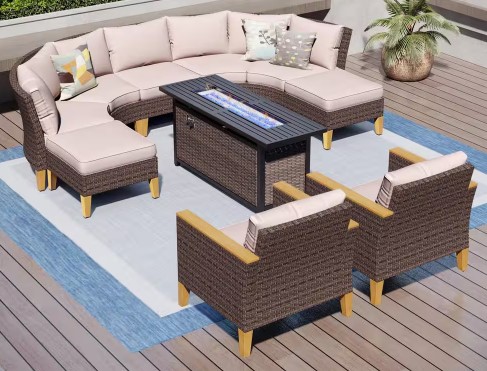 PHI VILLA 10-Piece Rattan Patio Set with Rectangular Fire Pit Table