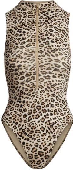 Signature Swim Zip Front Sleeveless One Piece – Champagne Leopard Print
