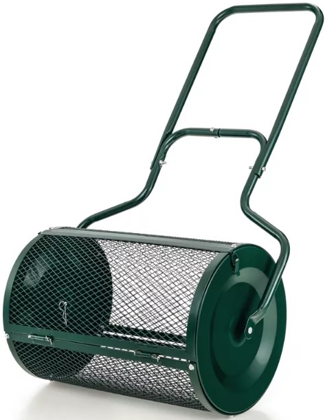 costway-27-compost-spreader-peat-moss-lawn-care-manure-spreader-metal-roller-with-handle